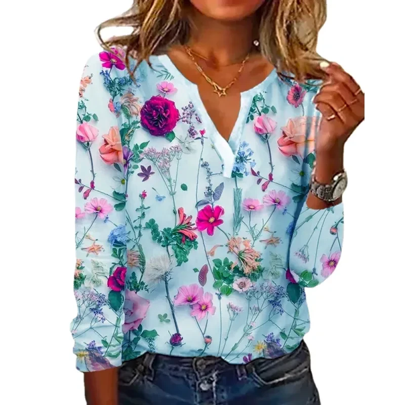 Camiseta de manga larga con cuello en V y estampado para mujer