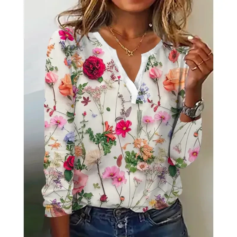 Camiseta de manga larga con cuello en V y estampado para mujer