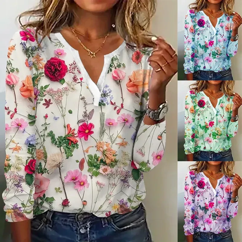 Camiseta de manga larga con cuello en V y estampado para mujer