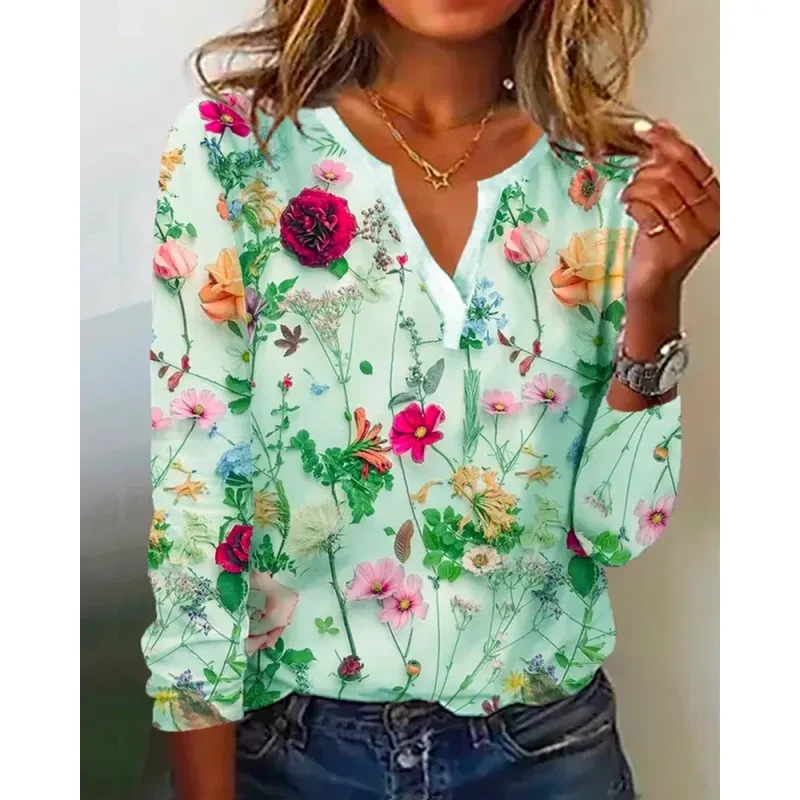 Camiseta de manga larga con cuello en V y estampado para mujer