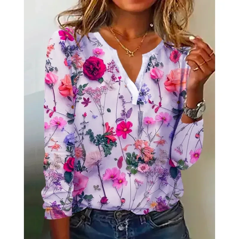 Camiseta de manga larga con cuello en V y estampado para mujer
