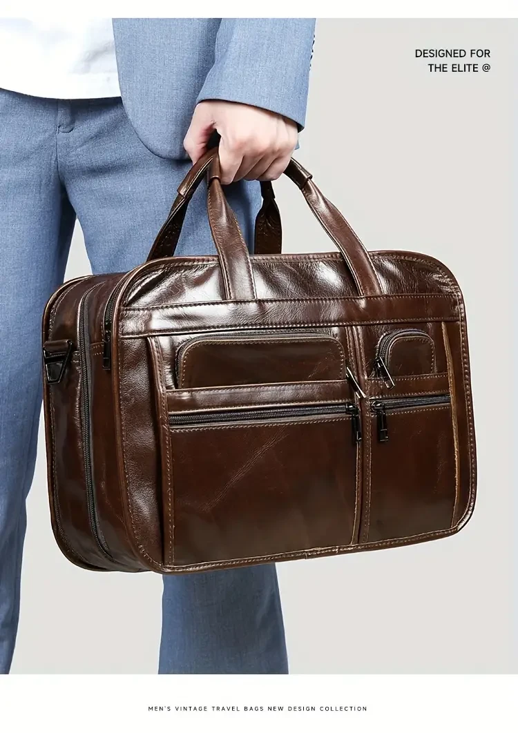 Maletín de cuero genuino estilo vintage para hombre, bolso de negocios multicapa de piel de vacuno, bolso para computadora de 13.3 pulgadas, regalo ideal para esposo y padre.