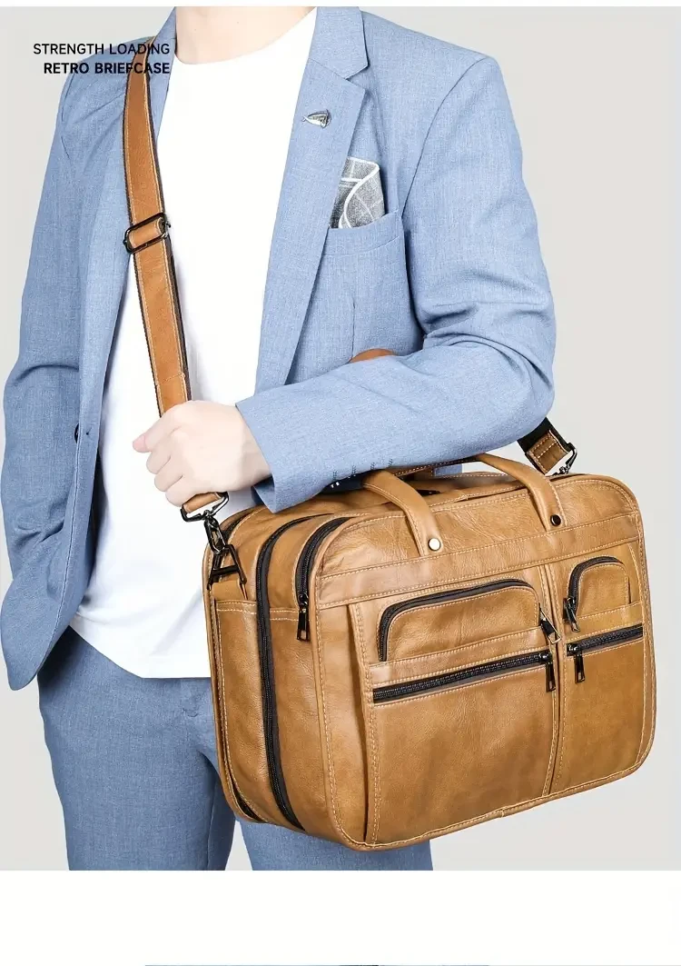 Maletín de cuero genuino estilo vintage para hombre, bolso de negocios multicapa de piel de vacuno, bolso para computadora de 13.3 pulgadas, regalo ideal para esposo y padre.