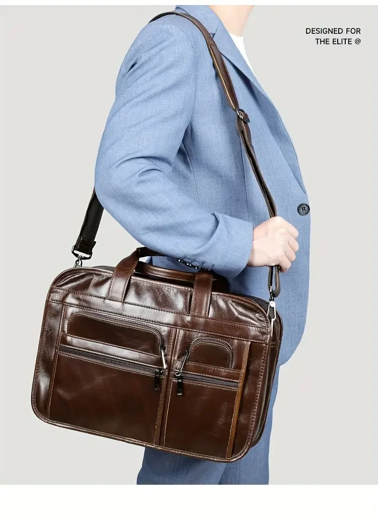 Maletín de cuero genuino estilo vintage para hombre, bolso de negocios multicapa de piel de vacuno, bolso para computadora de 13.3 pulgadas, regalo ideal para esposo y padre.