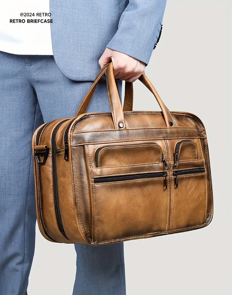 Maletín de cuero genuino estilo vintage para hombre, bolso de negocios multicapa de piel de vacuno, bolso para computadora de 13.3 pulgadas, regalo ideal para esposo y padre.
