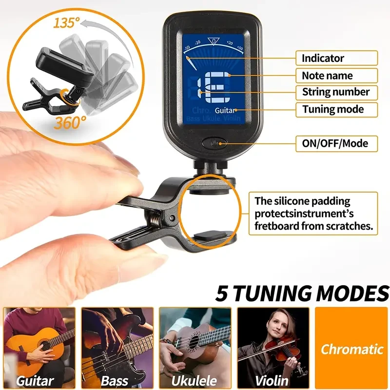 Afinador cromático ultrapreciso de enganche rápido para guitarra acústica, bajo, violín y ukelele. Herramienta de afinación universal y versátil.