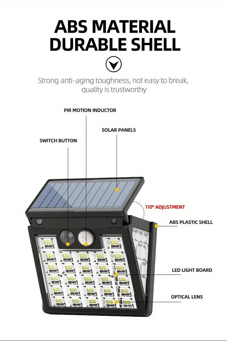 Lámpara de pared con sensor de movimiento de 72 LED y energía solar: fácil de instalar, iluminación exterior del anochecer al amanecer para jardín, patio, parque y hogar.