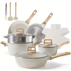 Juego de utensilios de cocina antiadherentes de 17 piezas: ollas y sartenes de aluminio con revestimiento de granito, sartenes, cacerolas, vaporera y utensilios de silicona.