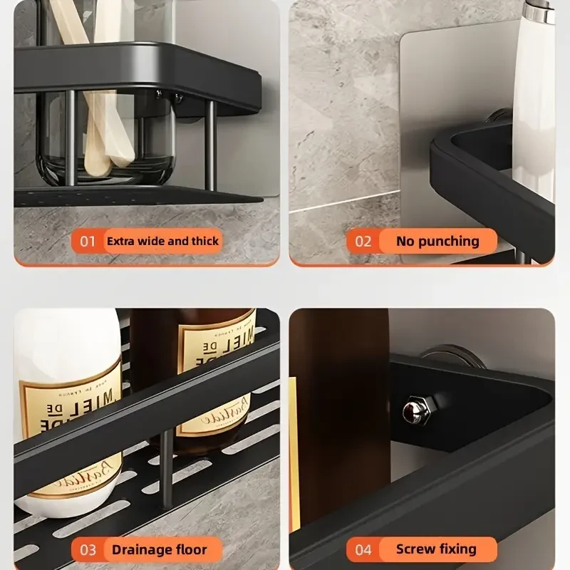 Estante de pared de aluminio de fácil instalación: sin taladros para baño, cocina y aseo.