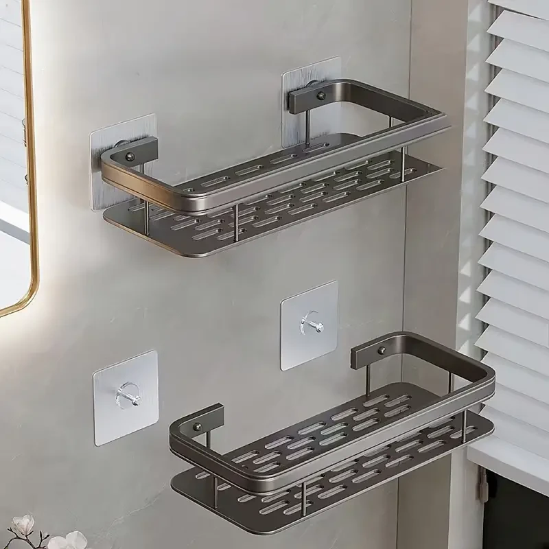Estante de pared de aluminio de fácil instalación: sin taladros para baño, cocina y aseo.