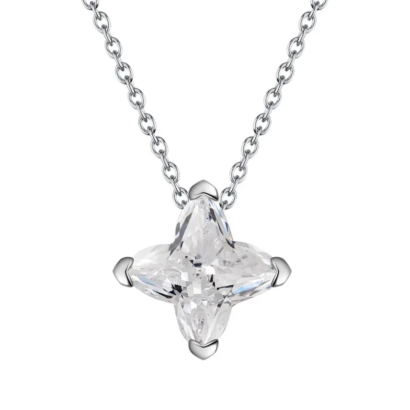 Collar de plata S925 con diamantes de talla estrella y flor cruzada - Elegante colgante