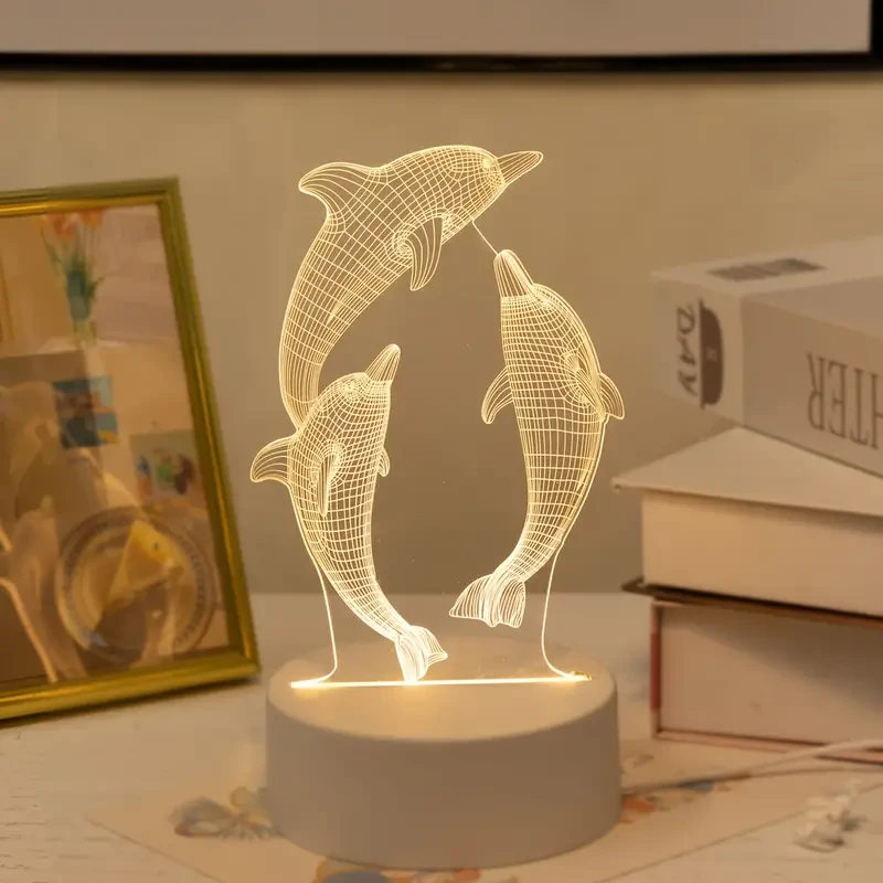 Lámpara de noche 3D con delfín brillante USB - Lámpara de mesa con forma de animal marino para decoración del hogar y regalos
