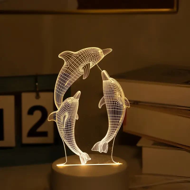 Lámpara de noche 3D con delfín brillante USB - Lámpara de mesa con forma de animal marino para decoración del hogar y regalos