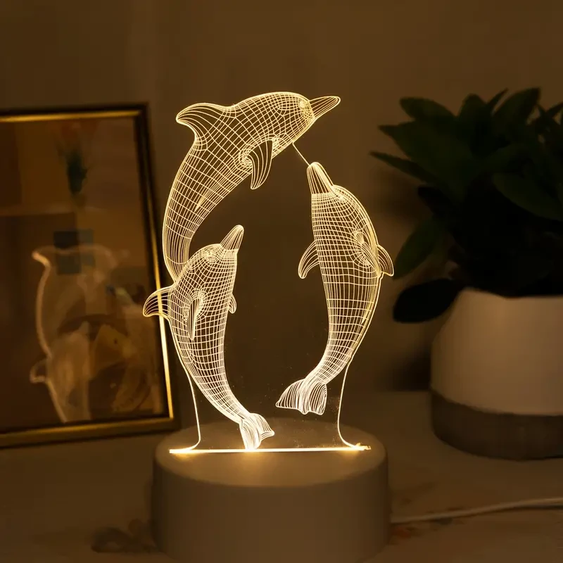 Lámpara de noche 3D con delfín brillante USB - Lámpara de mesa con forma de animal marino para decoración del hogar y regalos