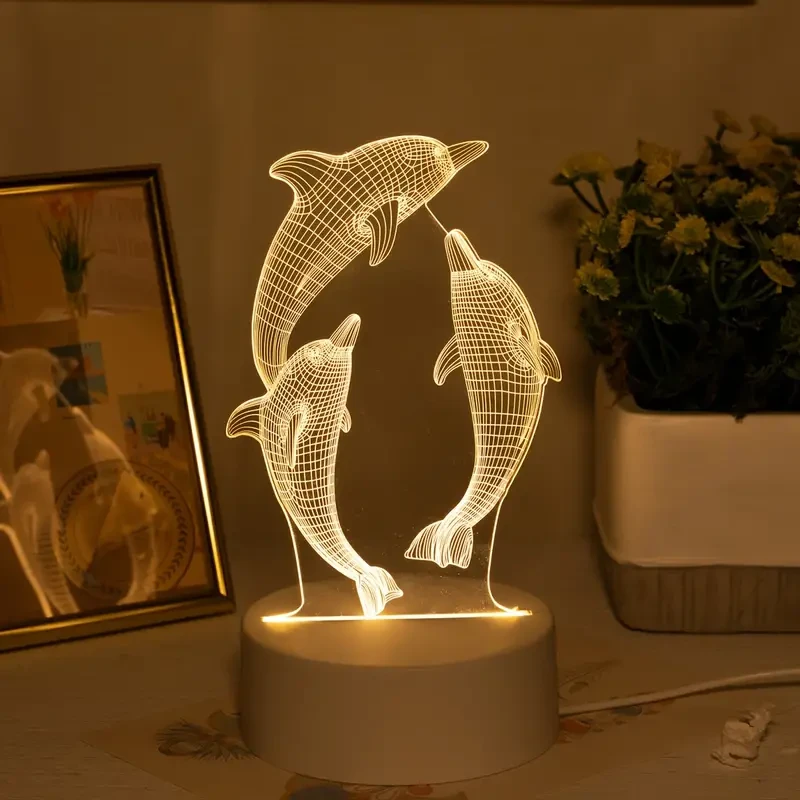 Lámpara de noche 3D con delfín brillante USB - Lámpara de mesa con forma de animal marino para decoración del hogar y regalos