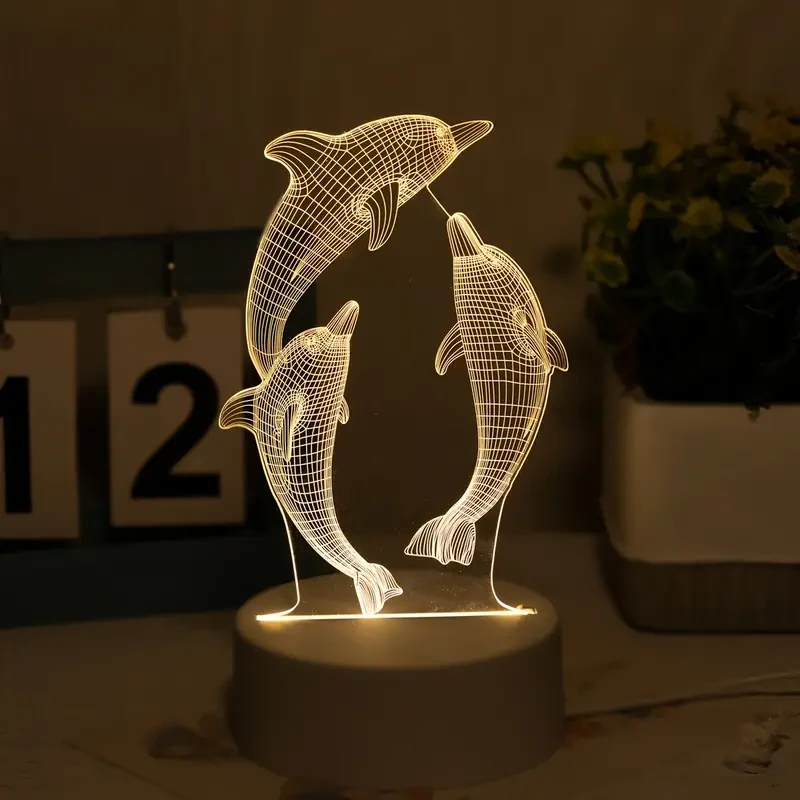 Lámpara de noche 3D con delfín brillante USB - Lámpara de mesa con forma de animal marino para decoración del hogar y regalos