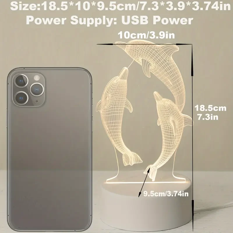 Lámpara de noche 3D con delfín brillante USB - Lámpara de mesa con forma de animal marino para decoración del hogar y regalos