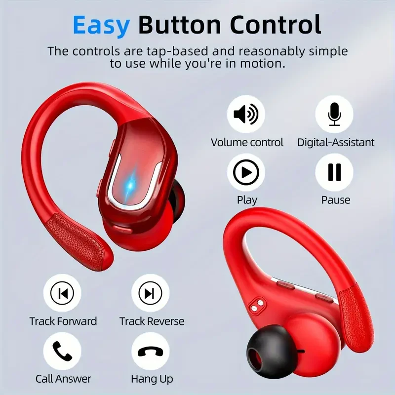 Auriculares inalámbricos rojos para correr: graves mejorados, ganchos para la oreja resistentes al sudor, pantalla LED dual y tecnología de cancelación de ruido.