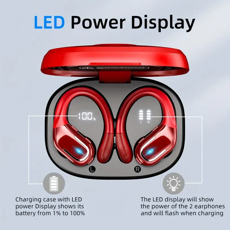 Auriculares inalámbricos rojos para correr: graves mejorados, ganchos para la oreja resistentes al sudor, pantalla LED dual y tecnología de cancelación de ruido.