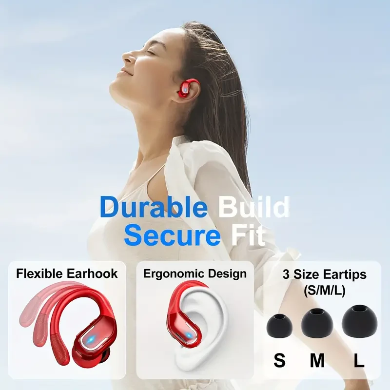 Auriculares inalámbricos rojos para correr: graves mejorados, ganchos para la oreja resistentes al sudor, pantalla LED dual y tecnología de cancelación de ruido.