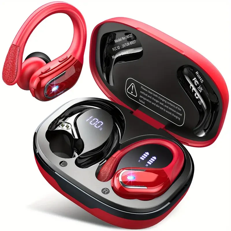 Auriculares inalámbricos rojos para correr: graves mejorados, ganchos para la oreja resistentes al sudor, pantalla LED dual y tecnología de cancelación de ruido.
