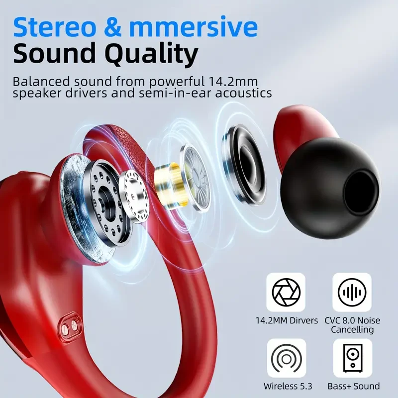 Auriculares inalámbricos rojos para correr: graves mejorados, ganchos para la oreja resistentes al sudor, pantalla LED dual y tecnología de cancelación de ruido.