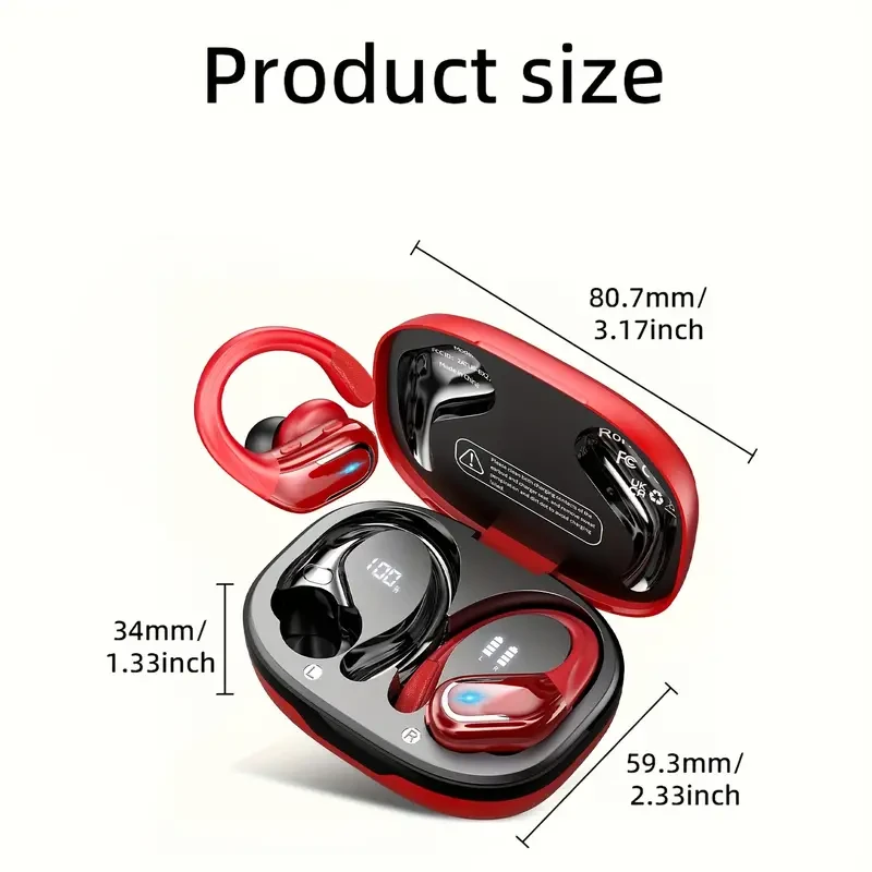 Auriculares inalámbricos rojos para correr: graves mejorados, ganchos para la oreja resistentes al sudor, pantalla LED dual y tecnología de cancelación de ruido.