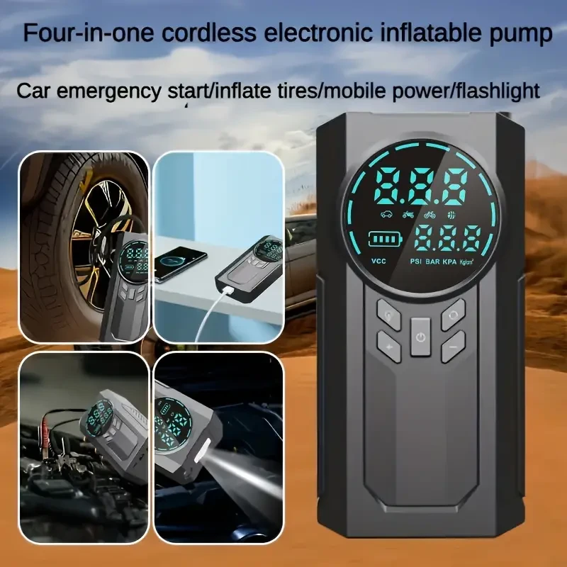 Arrancador de emergencia inalámbrico portátil para coche con bomba de aire, compresor, pantalla LED, linterna y cargador portátil. Batería de litio con carga USB.