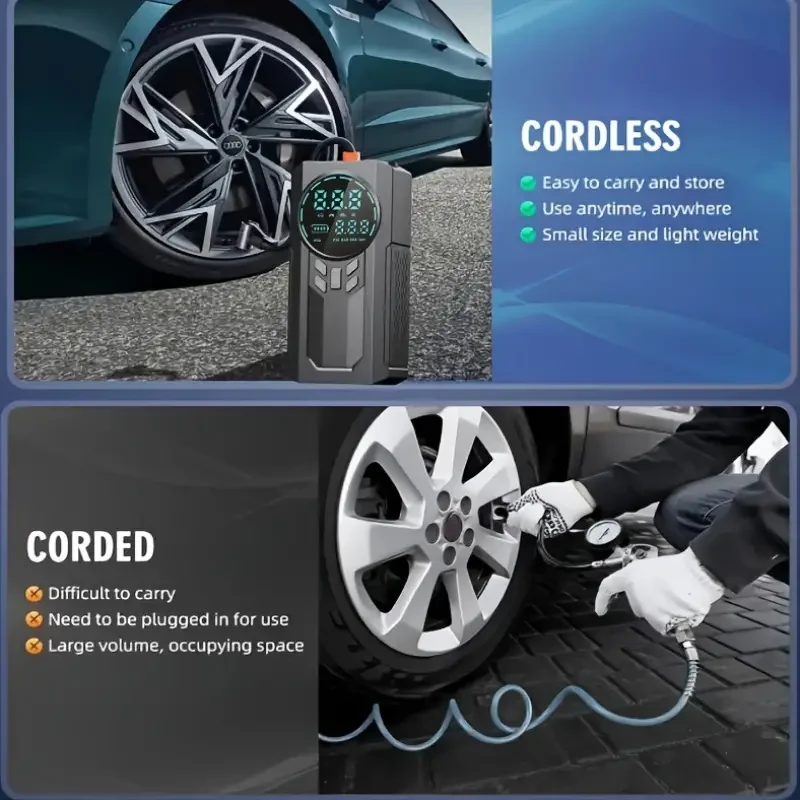 Arrancador de emergencia inalámbrico portátil para coche con bomba de aire, compresor, pantalla LED, linterna y cargador portátil. Batería de litio con carga USB.