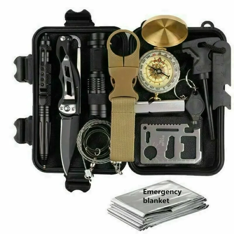 Kit de supervivencia de emergencia 14 en 1 para exteriores, equipo táctico para acampar y hacer senderismo.