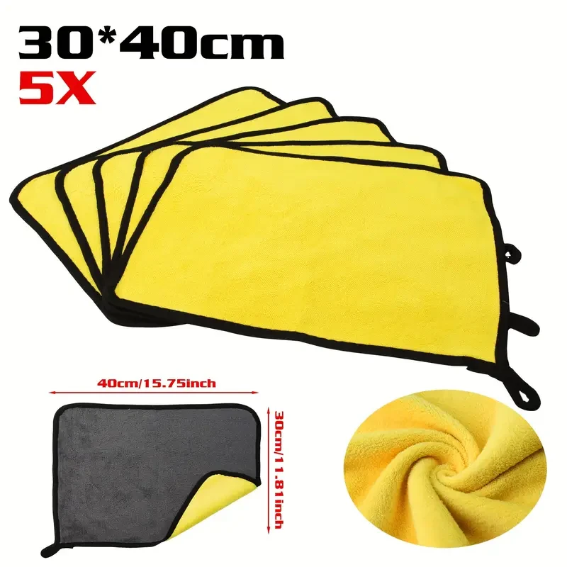 5 toallas de microfibra de felpa para lavado de coches (30 x 40 cm) - Trapos absorbentes de doble cara para limpieza del hogar y del coche