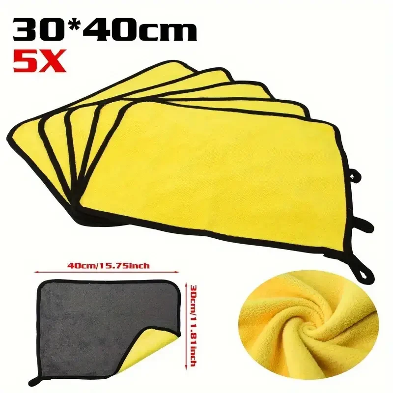 5 toallas de microfibra de felpa para lavado de coches (30 x 40 cm) - Trapos absorbentes de doble cara para limpieza del hogar y del coche