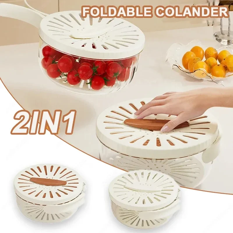 Cesta para escurrir frutas con tapa, cuenco para lavar verduras, colador de limpieza con asa plegable