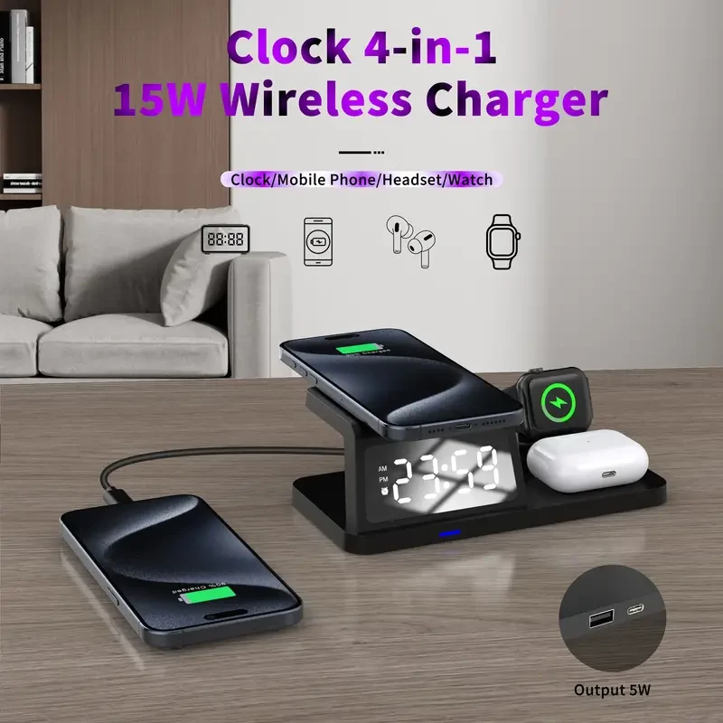 Cargador inalámbrico multifunción de 15 W con reloj y carga TWS