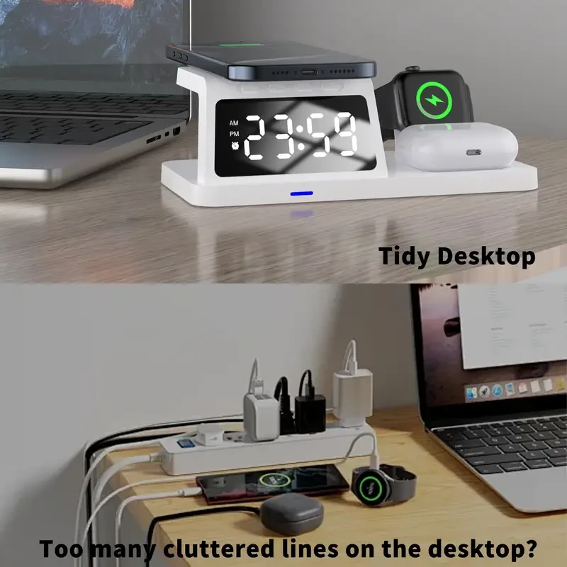 Cargador inalámbrico multifunción de 15 W con reloj y carga TWS