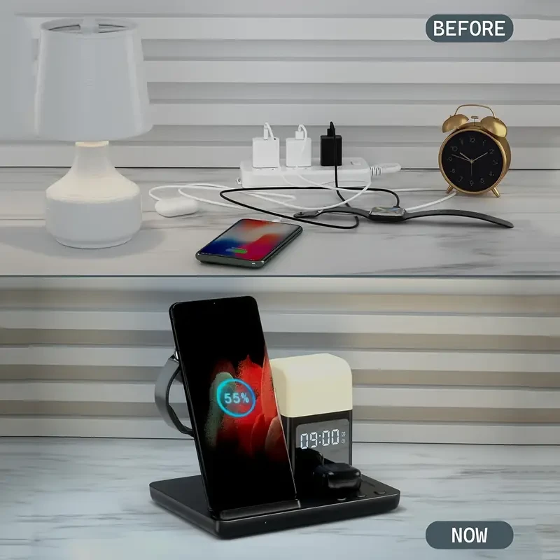Estación de carga inalámbrica 6 en 1 con pantalla LED, alarma y luz nocturna
