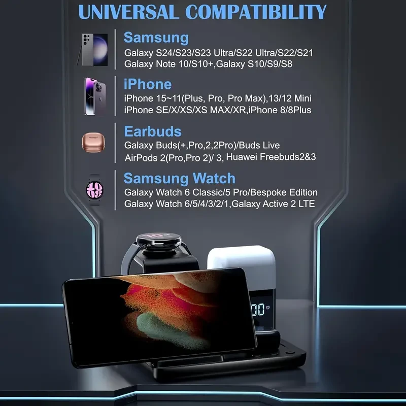 Estación de carga inalámbrica 6 en 1 con pantalla LED, alarma y luz nocturna