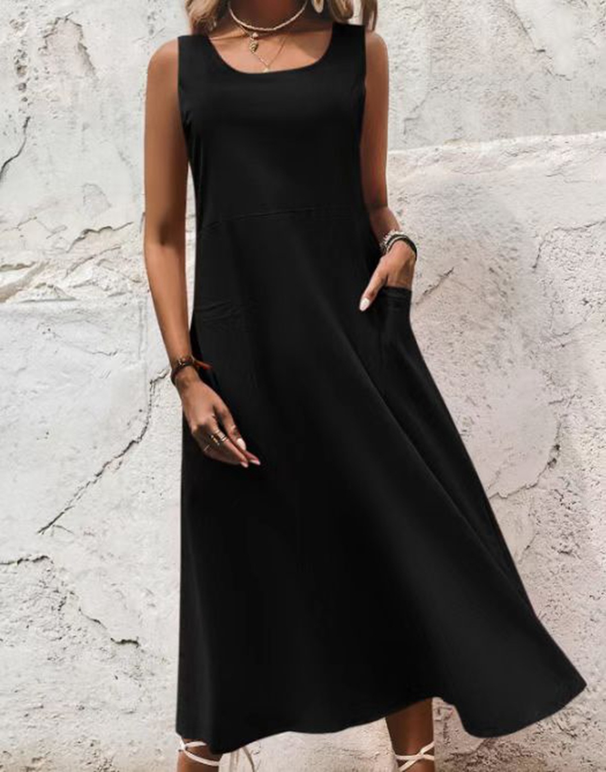 Vestido largo de verano sin mangas con bolsillos de moda