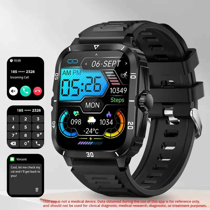 Smartwatch deportivo avanzado para hombre: pantalla IPS HD de 1,96", batería de 430 mAh, llamadas inalámbricas, control de música, monitorización del sueño y pronóstico del tiempo.