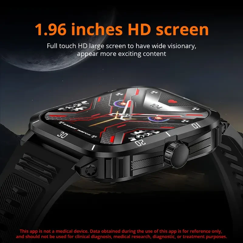 Smartwatch deportivo avanzado para hombre: pantalla IPS HD de 1,96", batería de 430 mAh, llamadas inalámbricas, control de música, monitorización del sueño y pronóstico del tiempo.