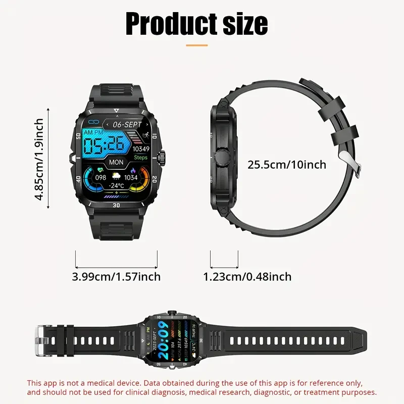 Smartwatch deportivo avanzado para hombre: pantalla IPS HD de 1,96", batería de 430 mAh, llamadas inalámbricas, control de música, monitorización del sueño y pronóstico del tiempo.