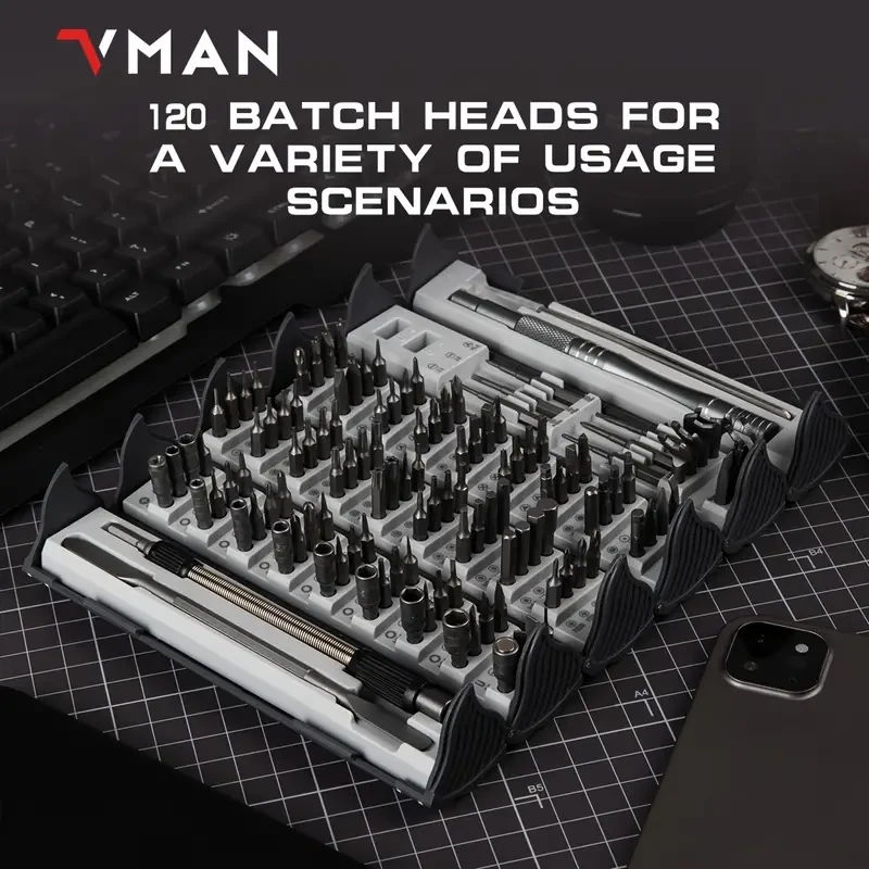 Juego de destornilladores de precisión de 128 piezas: kit profesional de destornilladores magnéticos con eje flexible, puntas Torx, Pentalobe y Tri-Wing para reparación de dispositivos electrónicos.