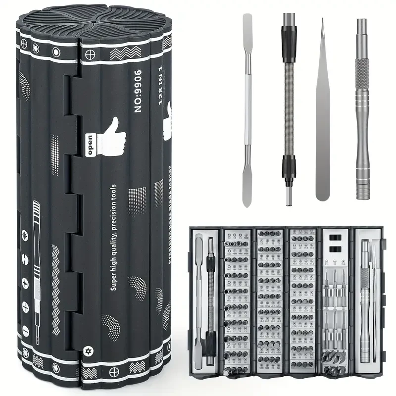 Juego de destornilladores de precisión de 128 piezas: kit profesional de destornilladores magnéticos con eje flexible, puntas Torx, Pentalobe y Tri-Wing para reparación de dispositivos electrónicos.