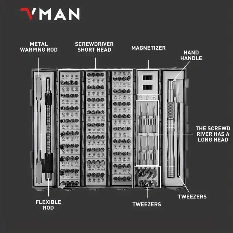 Juego de destornilladores de precisión de 128 piezas: kit profesional de destornilladores magnéticos con eje flexible, puntas Torx, Pentalobe y Tri-Wing para reparación de dispositivos electrónicos.