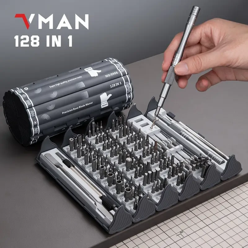 Juego de destornilladores de precisión de 128 piezas: kit profesional de destornilladores magnéticos con eje flexible, puntas Torx, Pentalobe y Tri-Wing para reparación de dispositivos electrónicos.