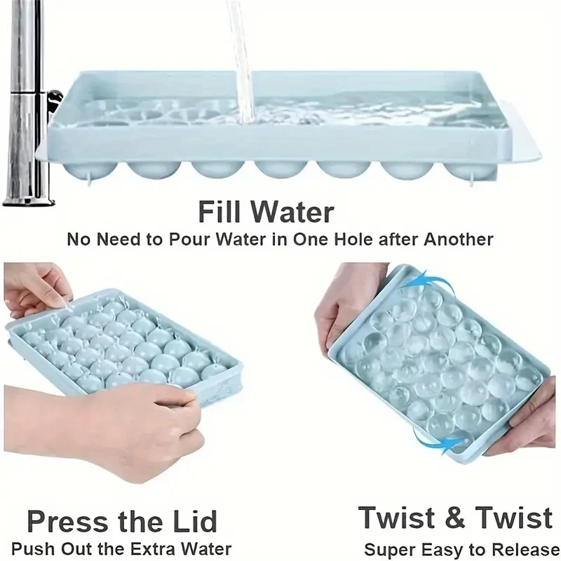 Bandeja redonda para cubitos de hielo de 33 rejillas: sin plomo ni BPA, fácil de desmoldar, resistente al polvo y con acabado brillante.