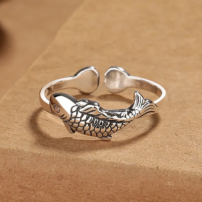 Anillo de plata ajustable con pez koi vintage