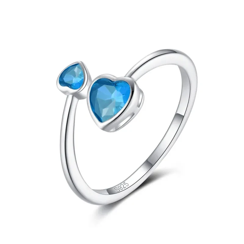 Anillo de circonita con corazón de amor de dos cabezas en plata de ley S925 - Ajustable en doce colores