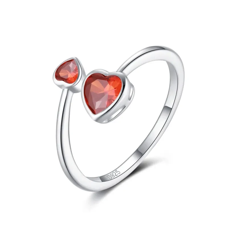 Anillo de circonita con corazón de amor de dos cabezas en plata de ley S925 - Ajustable en doce colores