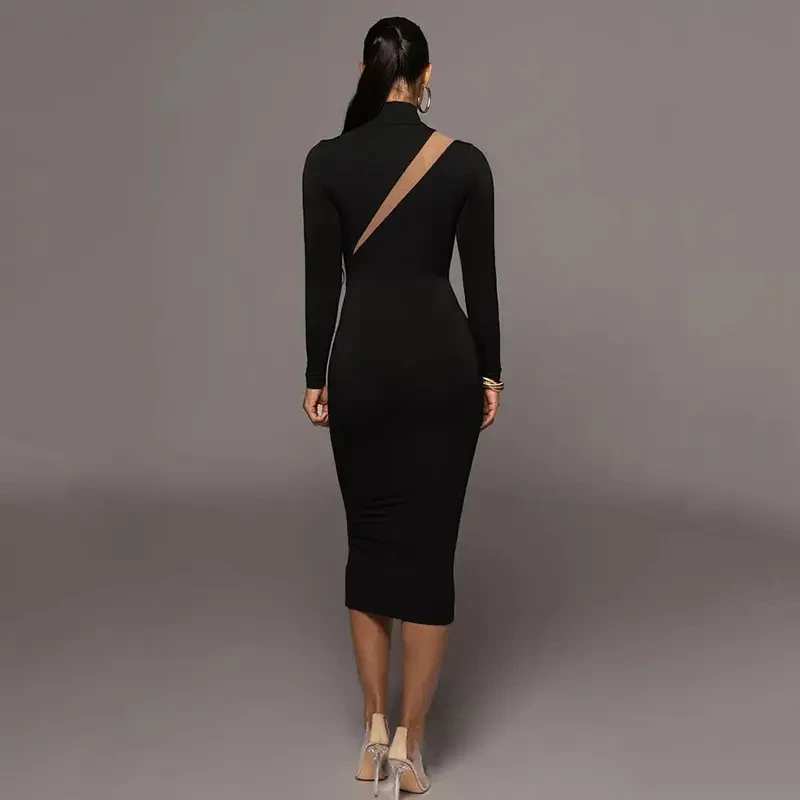 Vestido de mujer con cuello redondo, manga larga y costuras